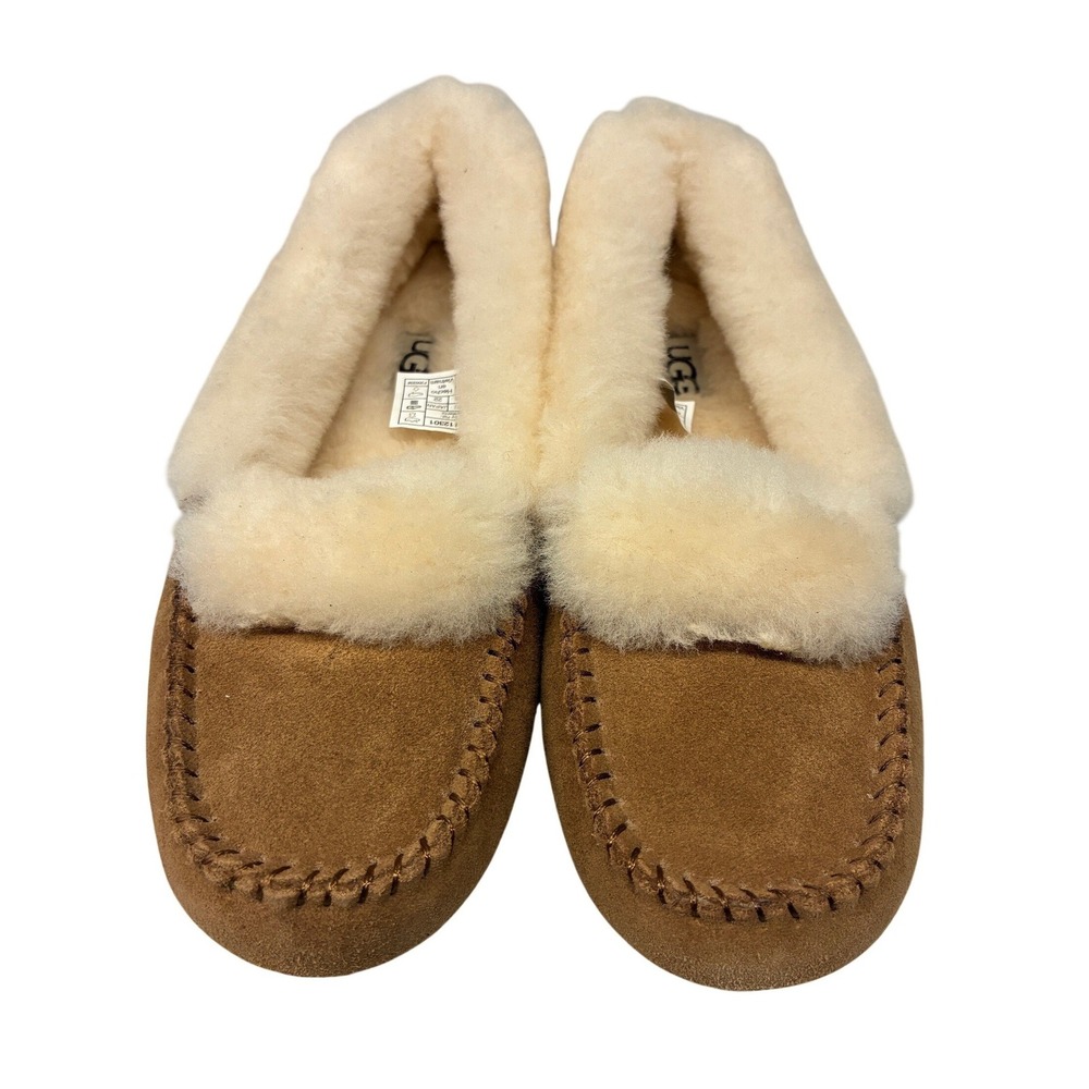 UGG Ansley Moccasin Slippers Shoes Womens 5 Chestnut Brown Suede Shearling Cozy